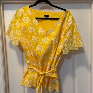 Talbots Sunflower Yellow Embroidered Blouse Top w/ belt size 16
